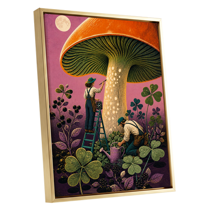 Moonlit Mushroom Makers, orange, green, pink nature wall art shown as a gold framed canvas wall art