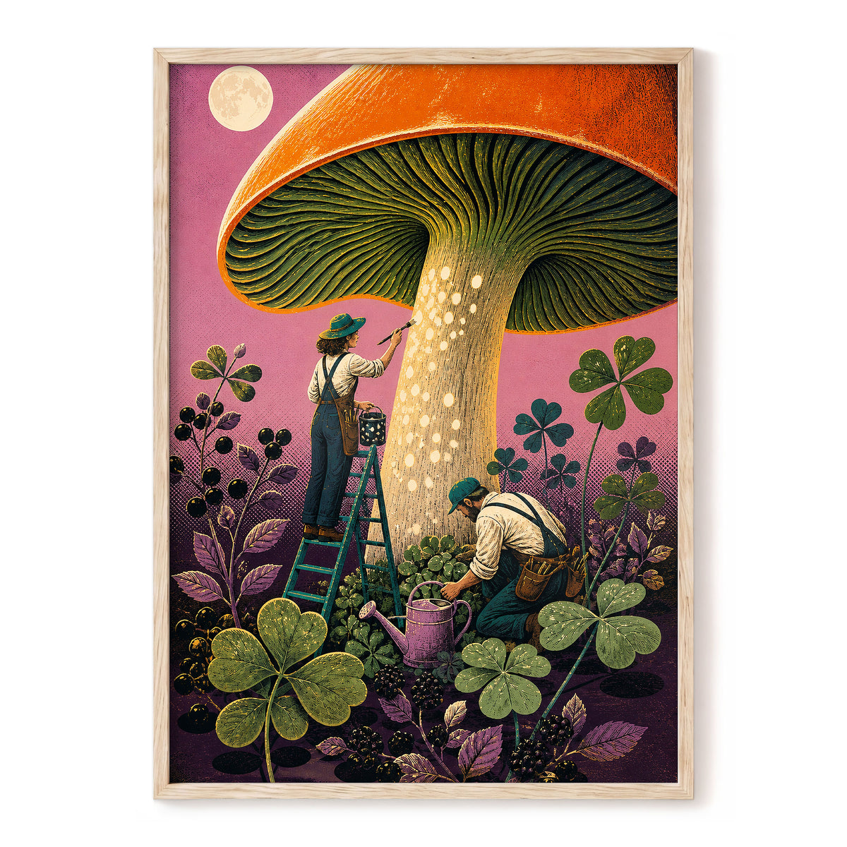 Moonlit Mushroom Makers, orange, green, pink nature wall art, front artwork view