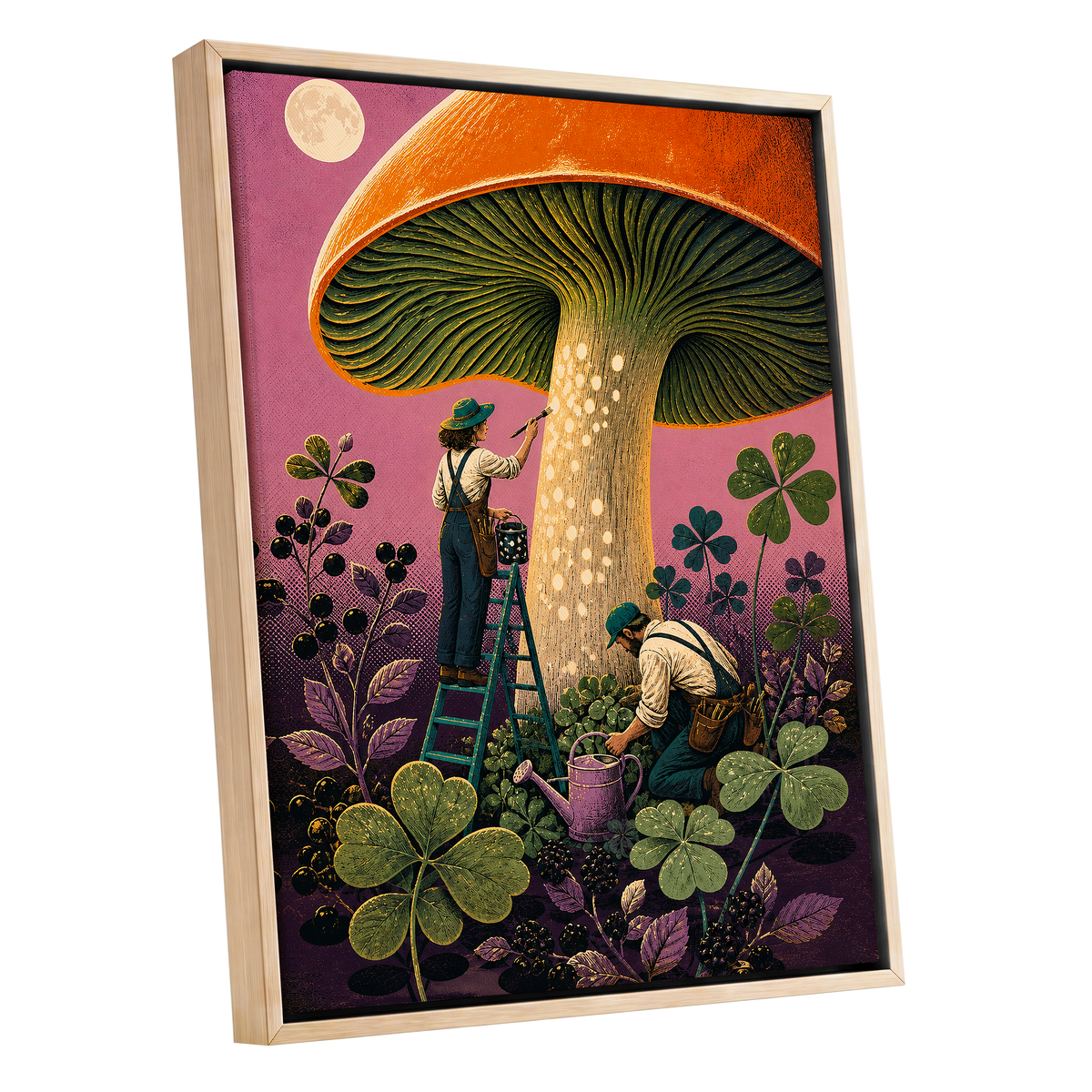 Moonlit Mushroom Makers, orange, green, pink nature wall art shown as a oak framed canvas wall art