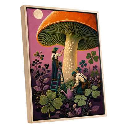 Moonlit Mushroom Makers, orange, green, pink nature wall art shown as a oak framed canvas wall art