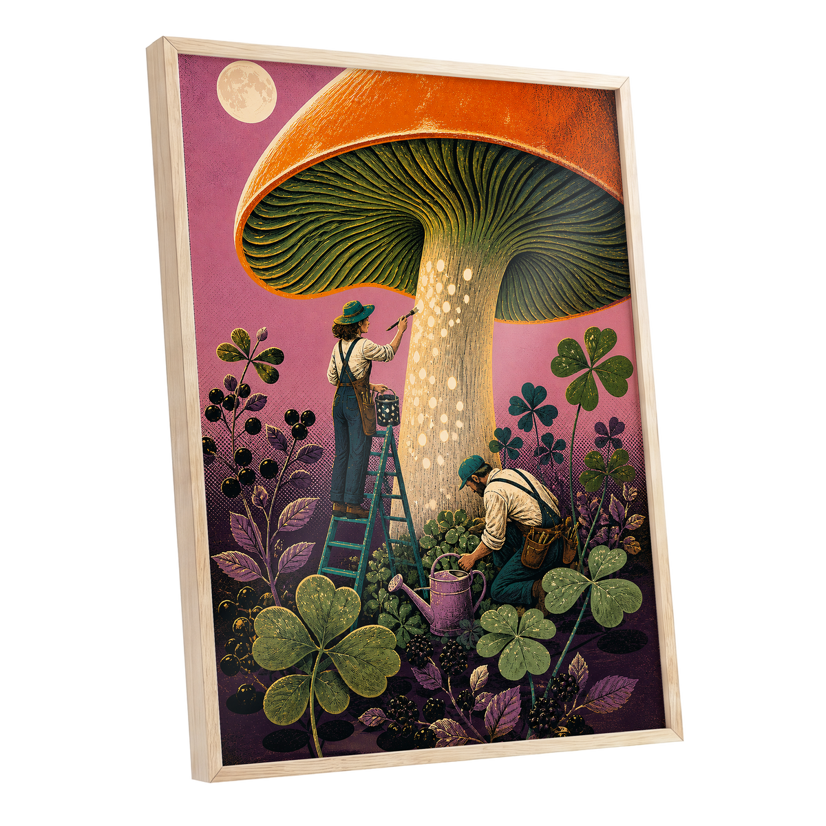 Moonlit Mushroom Makers, orange, green, pink nature wall art shown as a oak framed poster wall art print