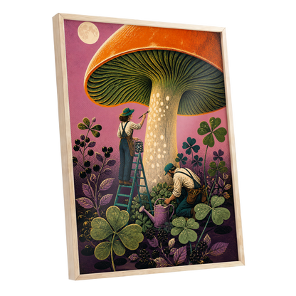Moonlit Mushroom Makers, orange, green, pink nature wall art shown as a oak framed poster wall art print