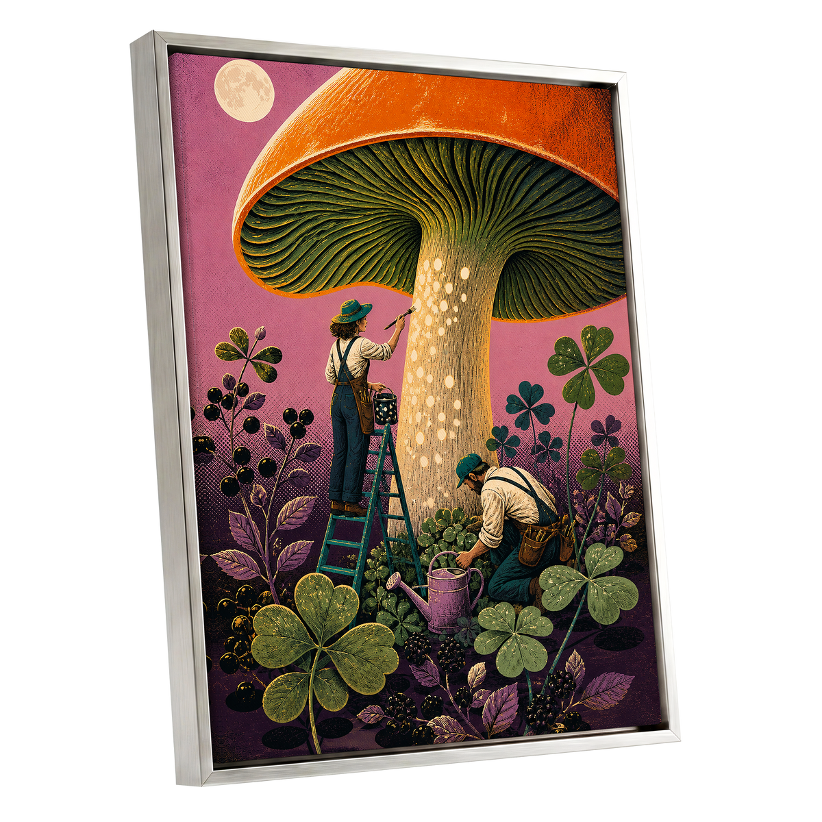 Moonlit Mushroom Makers, orange, green, pink nature wall art shown as a silver framed canvas wall art
