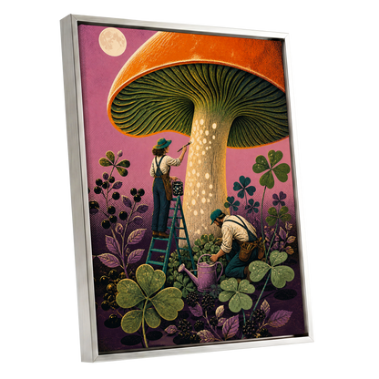 Moonlit Mushroom Makers, orange, green, pink nature wall art shown as a silver framed canvas wall art