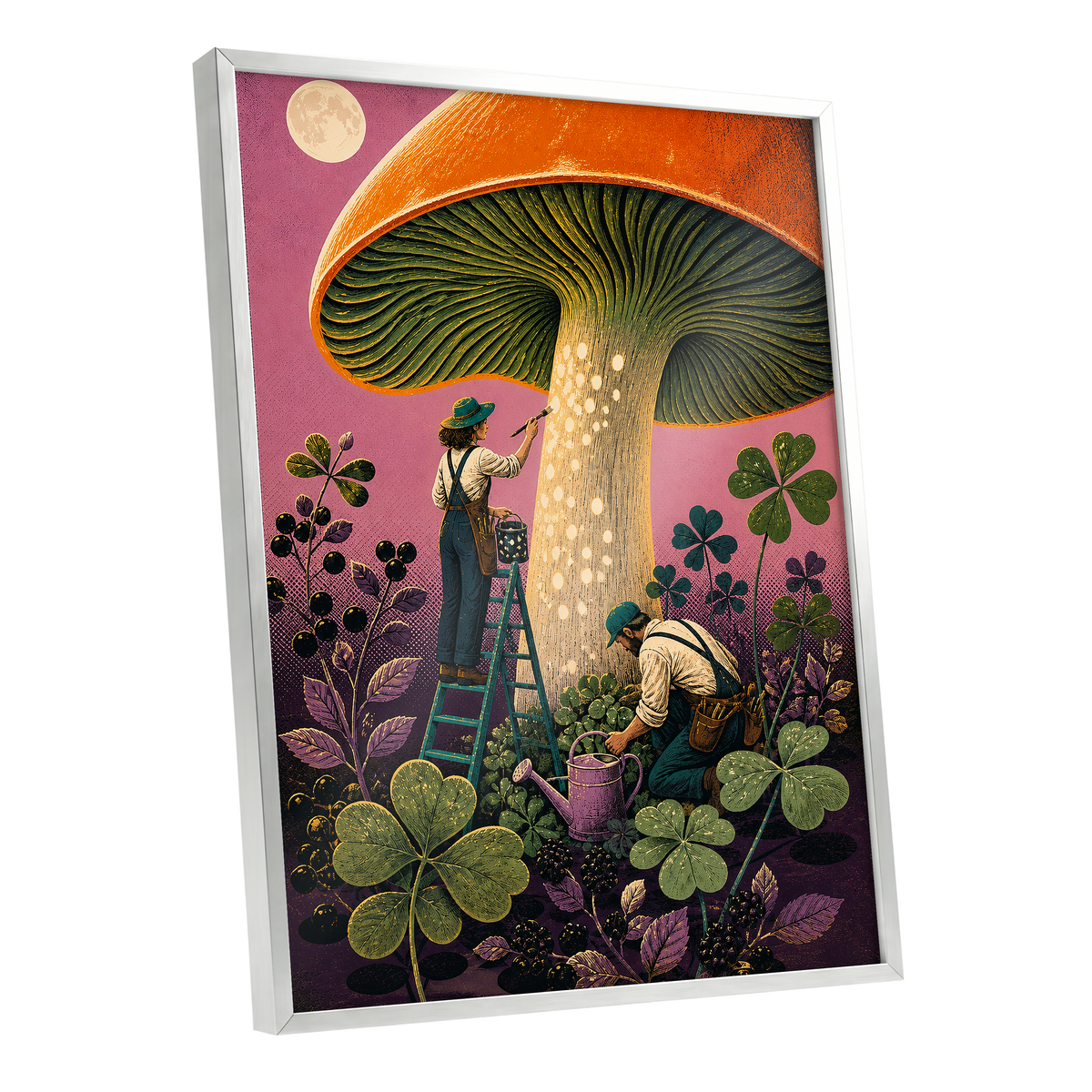 Moonlit Mushroom Makers, orange, green, pink nature wall art shown as a silver framed poster wall art print