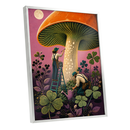 Moonlit Mushroom Makers, orange, green, pink nature wall art shown as a silver framed poster wall art print