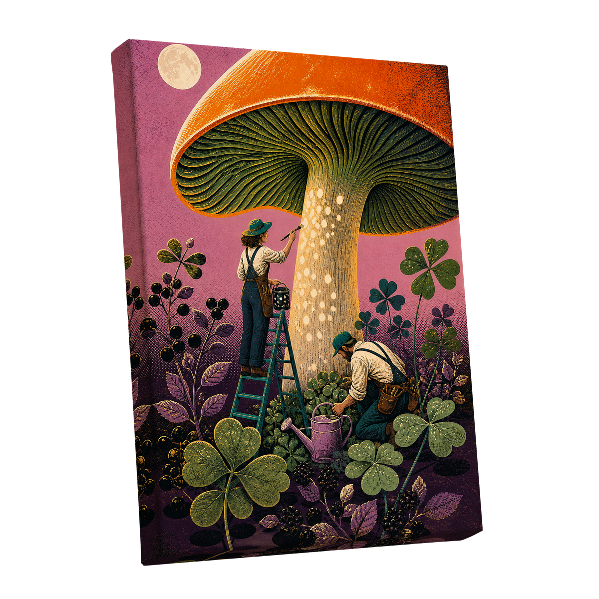 Moonlit Mushroom Makers, orange, green, pink nature wall art shown as a stretched canvas wall art