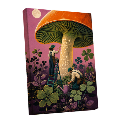 Moonlit Mushroom Makers, orange, green, pink nature wall art shown as a stretched canvas wall art