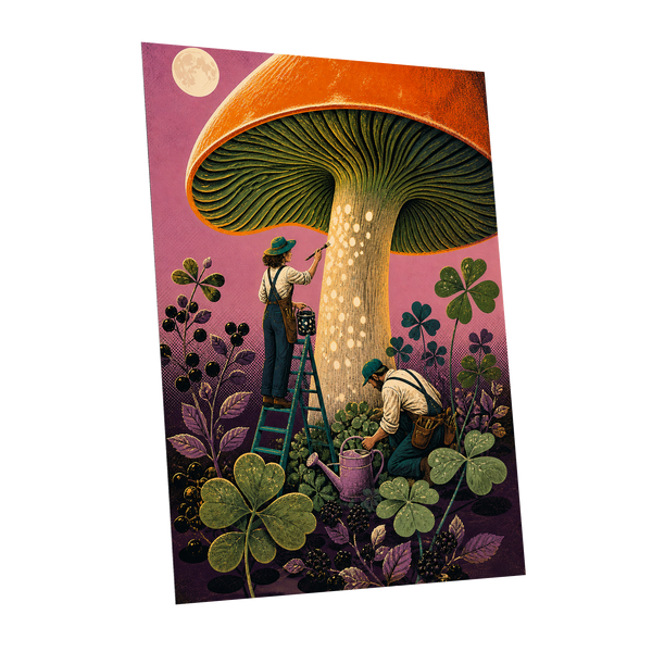 Moonlit Mushroom Makers, orange, green, pink nature wall art shown as a unframed poster wall art print