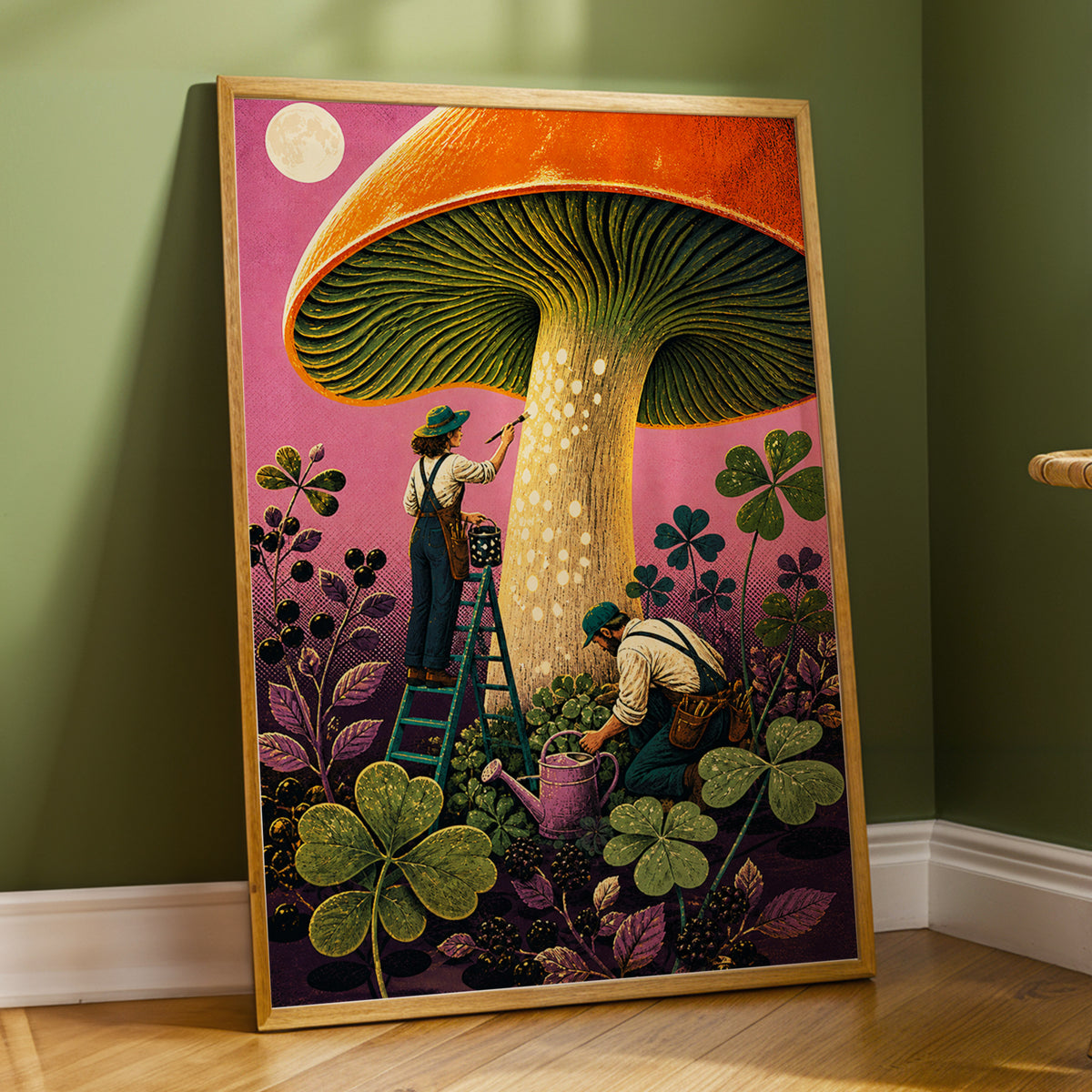 Moonlit Mushroom Makers, orange, green, pink nature wall art displayed in a styled interior, gallery view 2