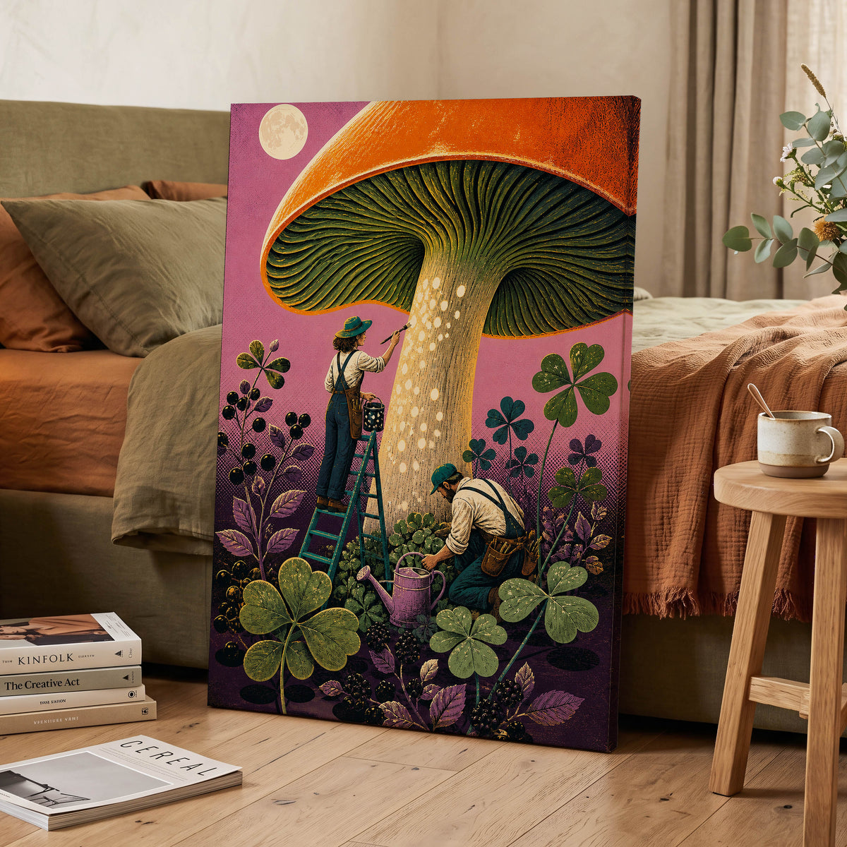 Moonlit Mushroom Makers, orange, green, pink nature wall art displayed in a styled interior, gallery view 3
