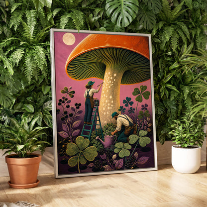 Moonlit Mushroom Makers, orange, green, pink nature wall art displayed in a styled interior, gallery view 4