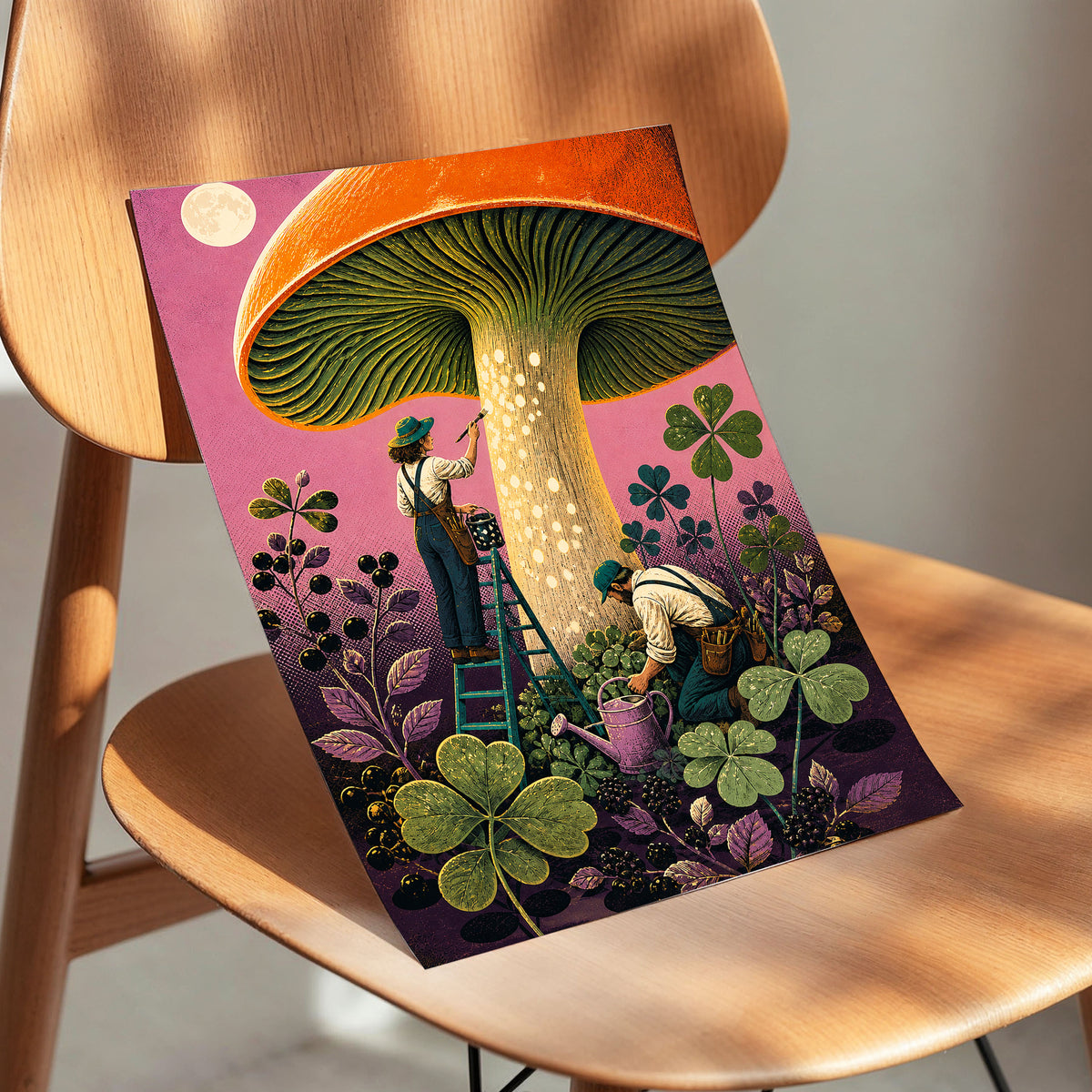 Moonlit Mushroom Makers, orange, green, pink nature wall art displayed in a styled interior, gallery view 5