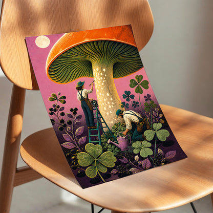 Moonlit Mushroom Makers, orange, green, pink nature wall art displayed in a styled interior, gallery view 5