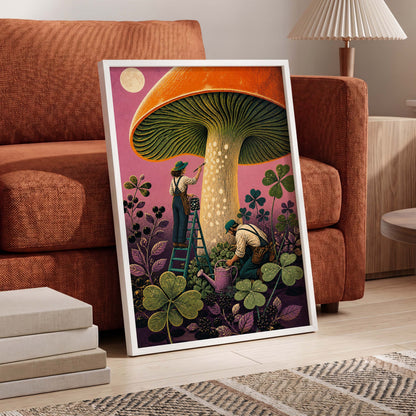 Moonlit Mushroom Makers, orange, green, pink nature wall art displayed in a styled interior, gallery view 6