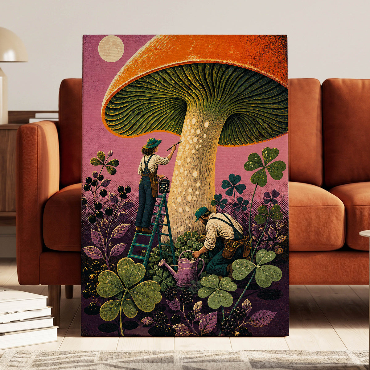 Moonlit Mushroom Makers, orange, green, pink nature wall art displayed in a styled interior, gallery view 7