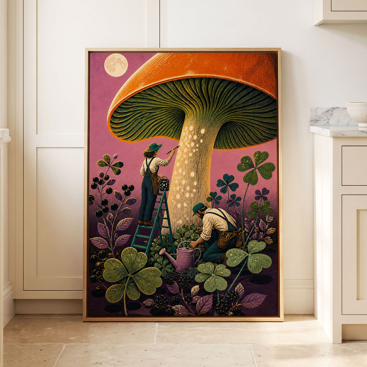 Moonlit Mushroom Makers, orange, green, pink nature wall art displayed in a styled interior, gallery view 8