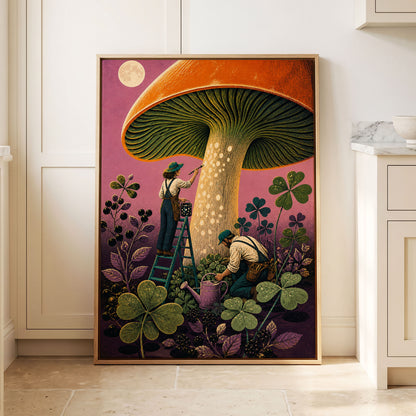 Moonlit Mushroom Makers, orange, green, pink nature wall art displayed in a styled interior, gallery view 8