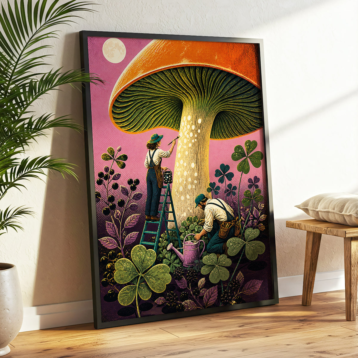 Moonlit Mushroom Makers, orange, green, pink nature wall art displayed in a styled interior, gallery view 9
