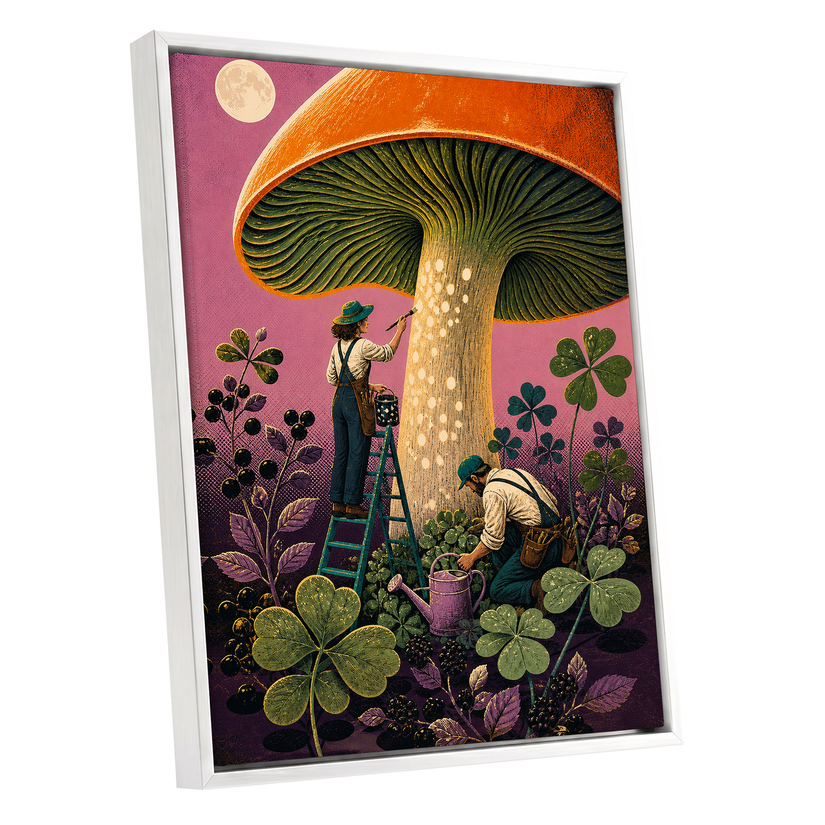 Moonlit Mushroom Makers, orange, green, pink nature wall art shown as a white framed canvas wall art