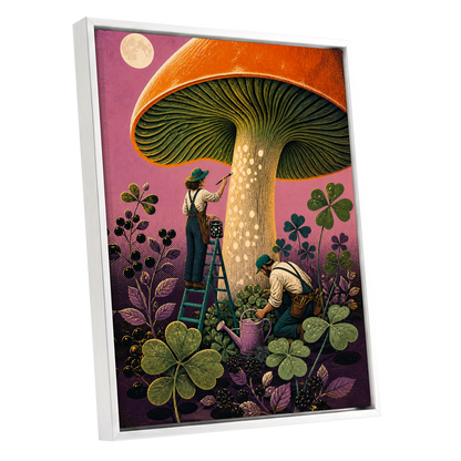 Moonlit Mushroom Makers, orange, green, pink nature wall art shown as a white framed canvas wall art