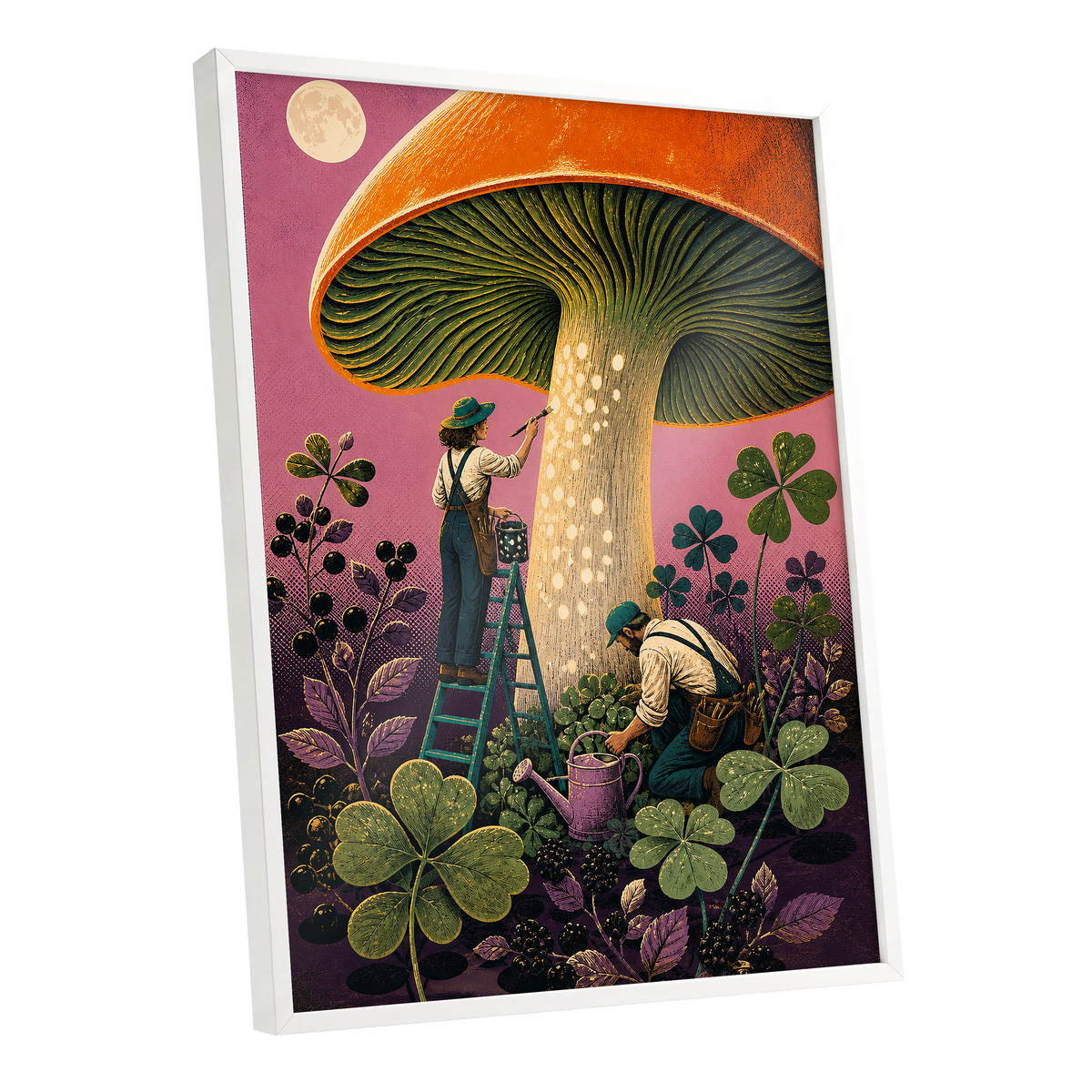 Moonlit Mushroom Makers, orange, green, pink nature wall art shown as a white framed poster wall art print