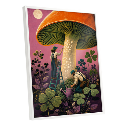 Moonlit Mushroom Makers, orange, green, pink nature wall art shown as a white framed poster wall art print