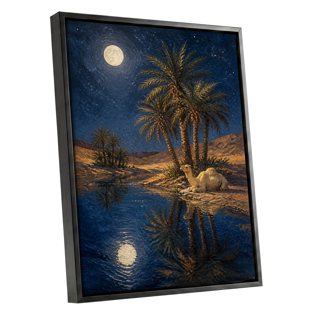 Moonlit Oasis, blue, brown, gold nature wall art shown as a black framed canvas wall art