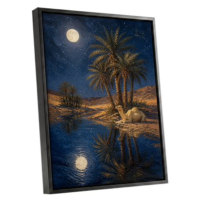 Moonlit Oasis, blue, brown, gold nature wall art shown as a black framed canvas wall art
