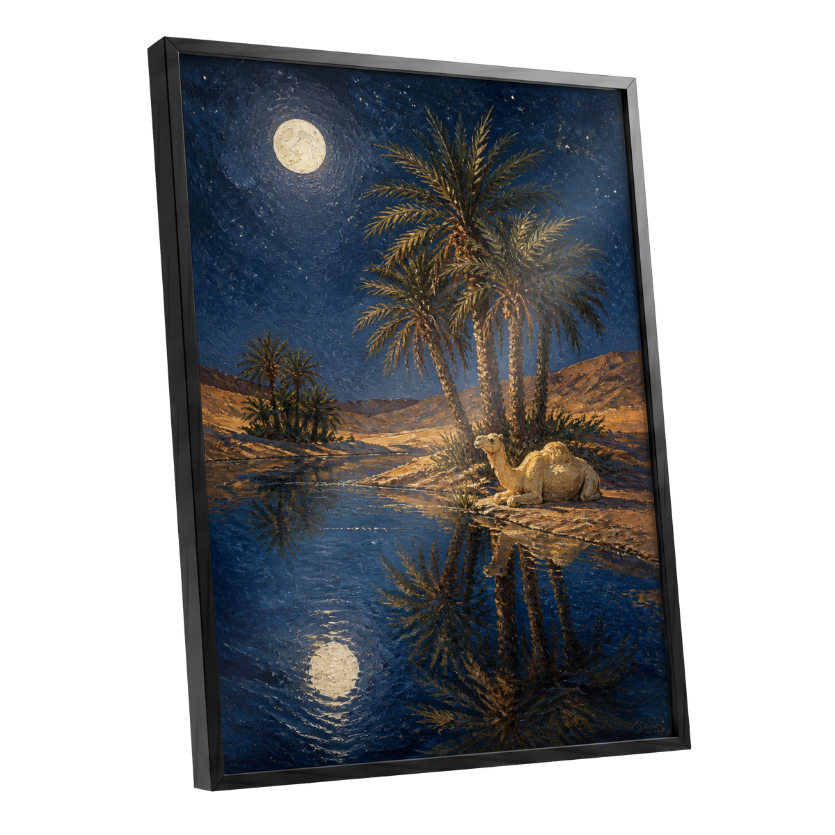 Moonlit Oasis, blue, brown, gold nature wall art shown as a black framed poster wall art print