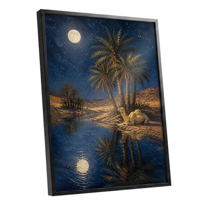 Moonlit Oasis, blue, brown, gold nature wall art shown as a black framed poster wall art print