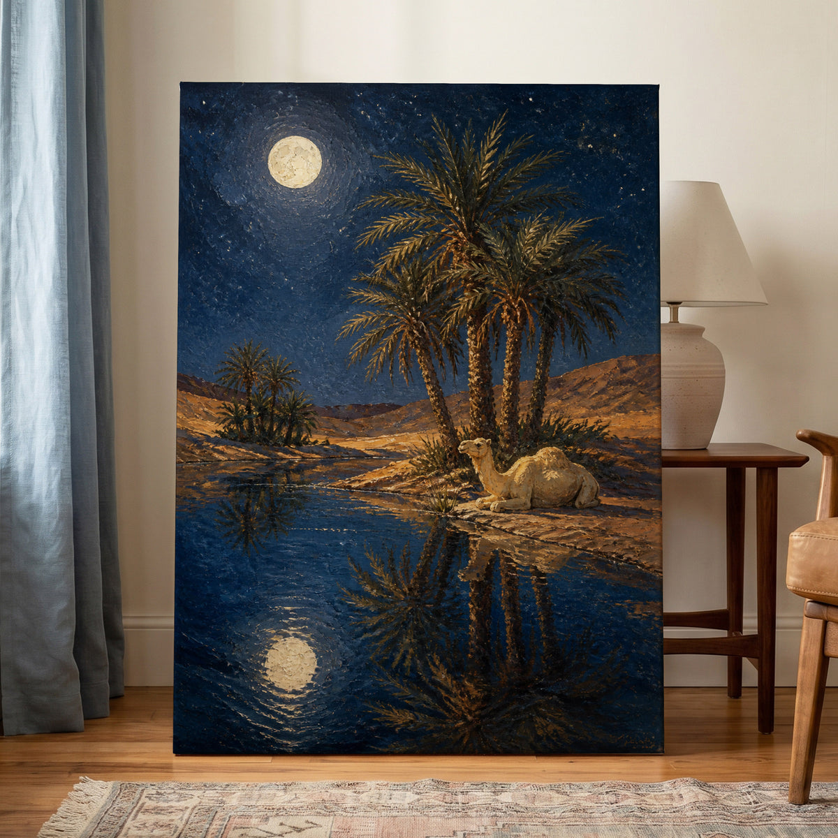 Moonlit Oasis, blue, brown, gold nature wall art on canvas displayed in a styled interior, gallery view 1