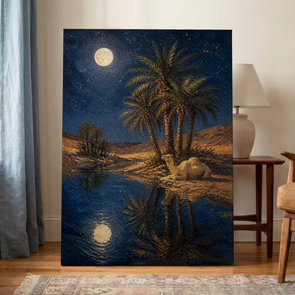 Moonlit Oasis, blue, brown, gold nature wall art on canvas displayed in a styled interior, gallery view 1