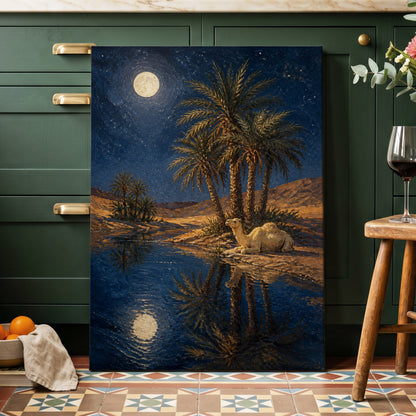 Moonlit Oasis, blue, brown, gold nature wall art on canvas displayed in a styled interior, gallery view 2
