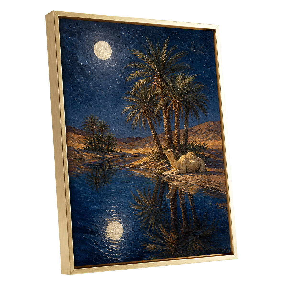Moonlit Oasis, blue, brown, gold nature wall art shown as a gold framed canvas wall art