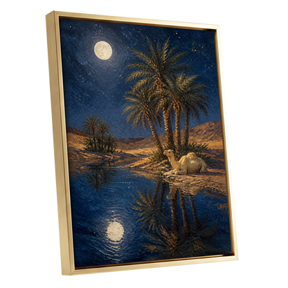 Moonlit Oasis, blue, brown, gold nature wall art shown as a gold framed canvas wall art