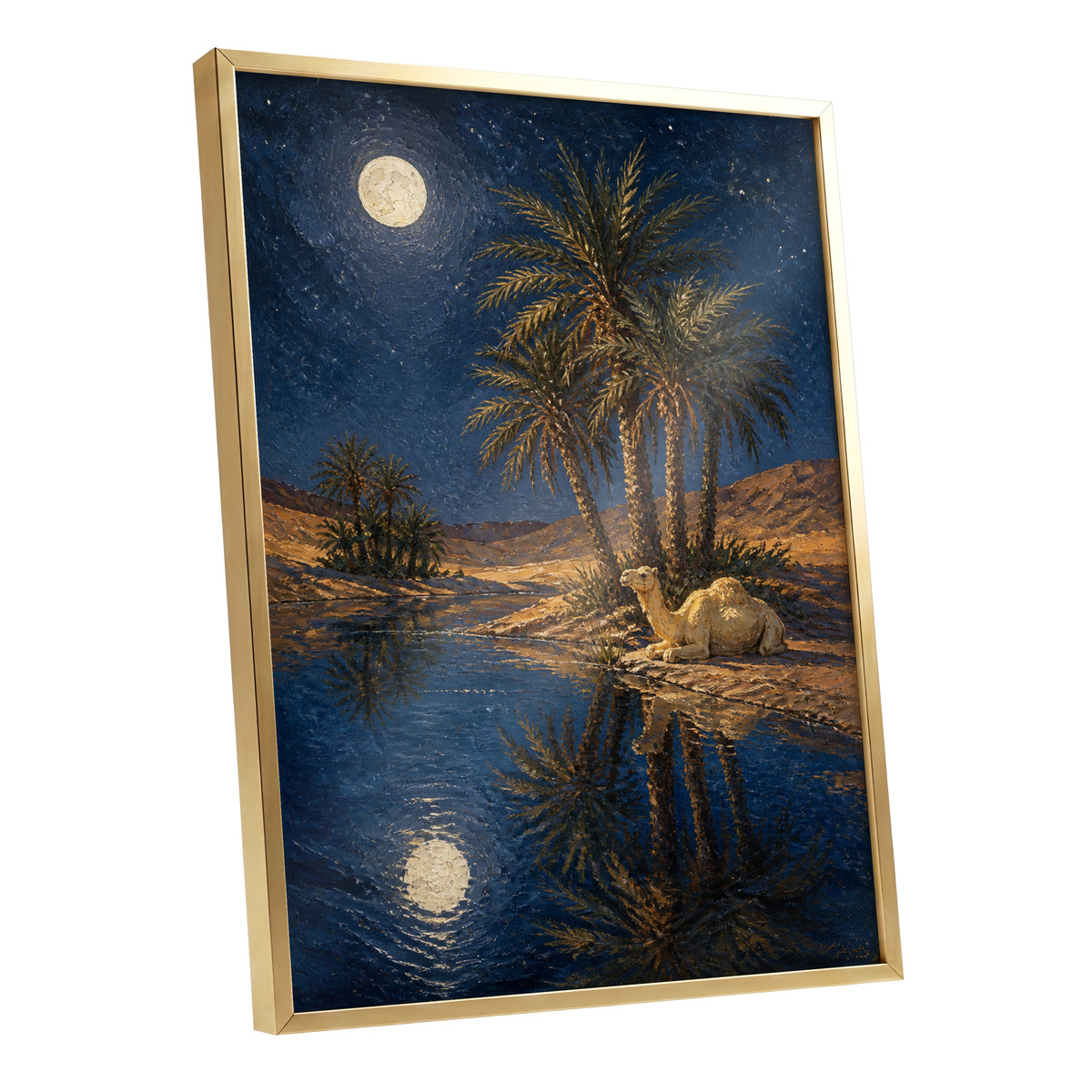 Moonlit Oasis, blue, brown, gold nature wall art shown as a gold framed poster wall art print