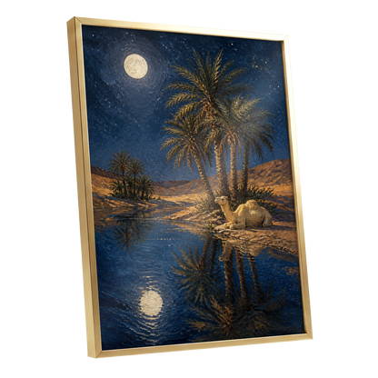 Moonlit Oasis, blue, brown, gold nature wall art shown as a gold framed poster wall art print