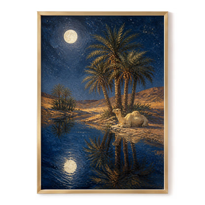 Moonlit Oasis, blue, brown, gold nature wall art, front artwork view
