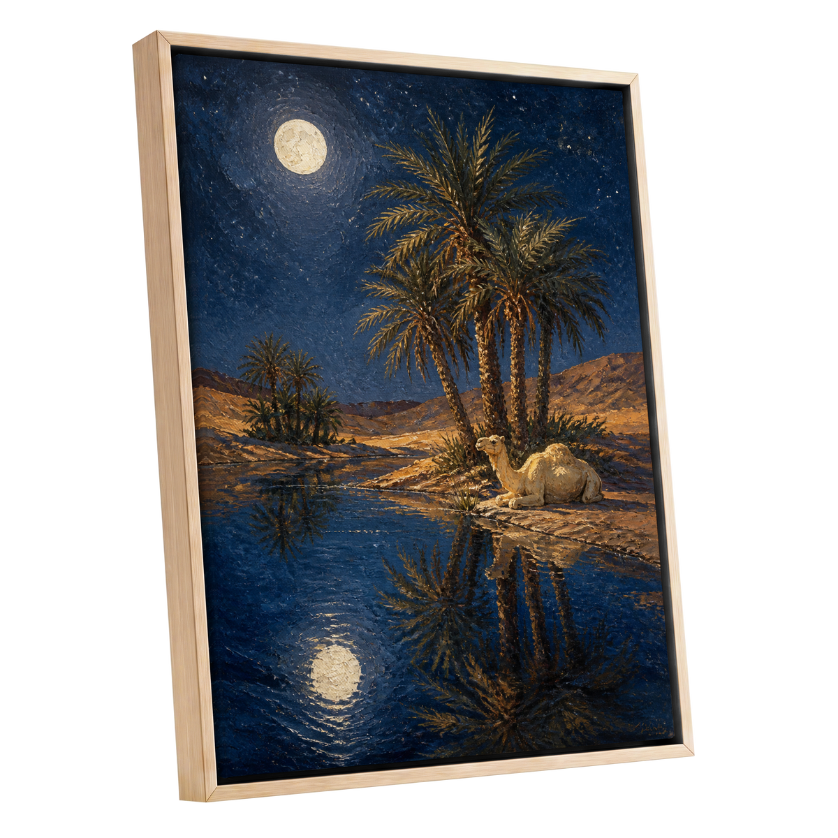Moonlit Oasis, blue, brown, gold nature wall art shown as a oak framed canvas wall art
