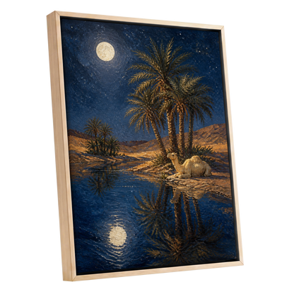 Moonlit Oasis, blue, brown, gold nature wall art shown as a oak framed canvas wall art