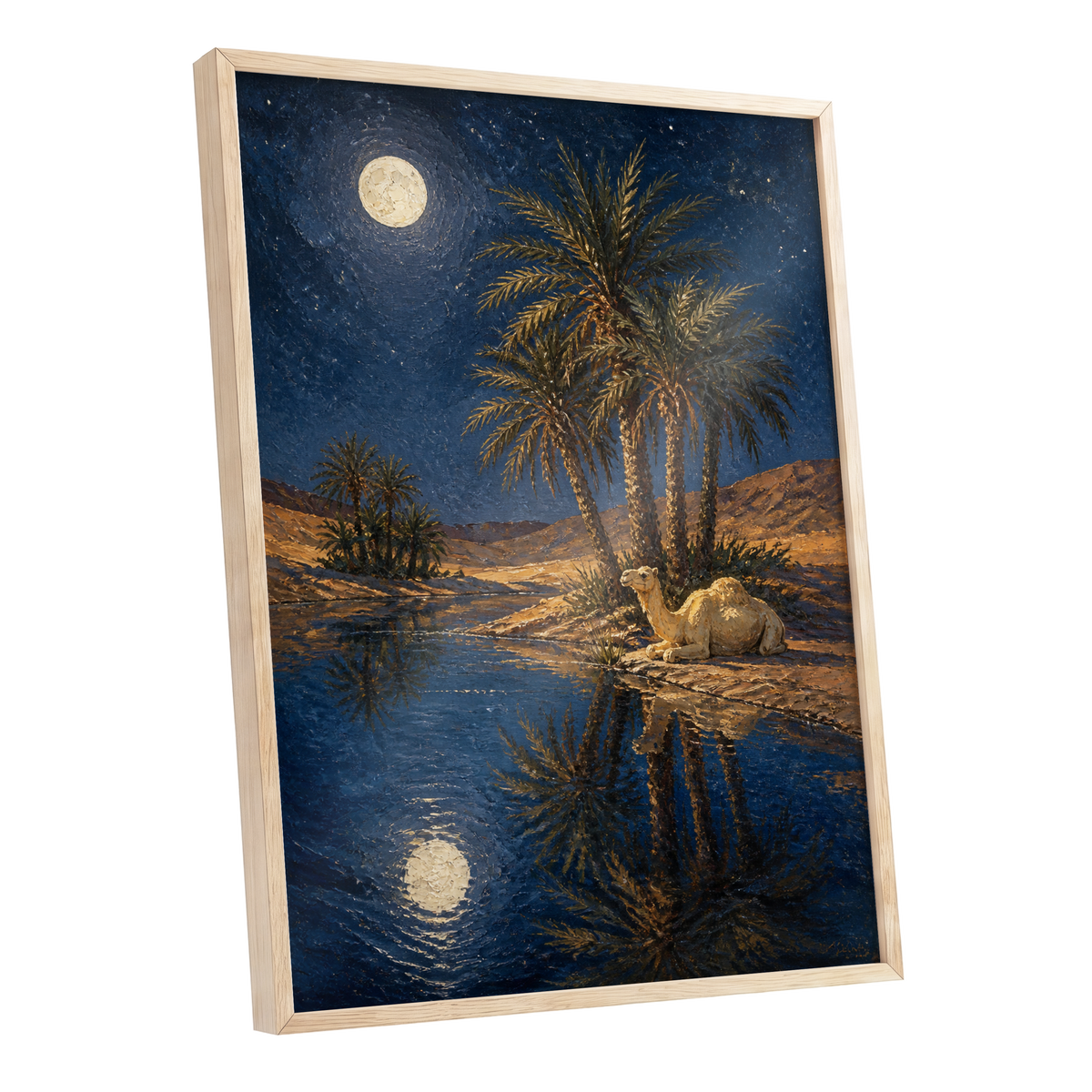 Moonlit Oasis, blue, brown, gold nature wall art shown as a oak framed poster wall art print