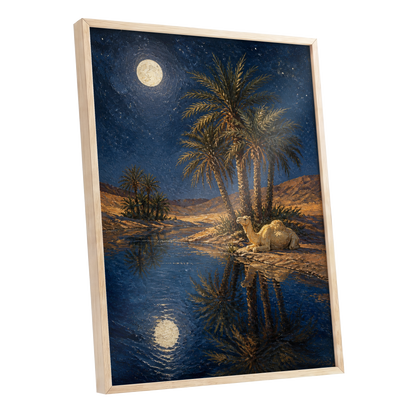 Moonlit Oasis, blue, brown, gold nature wall art shown as a oak framed poster wall art print