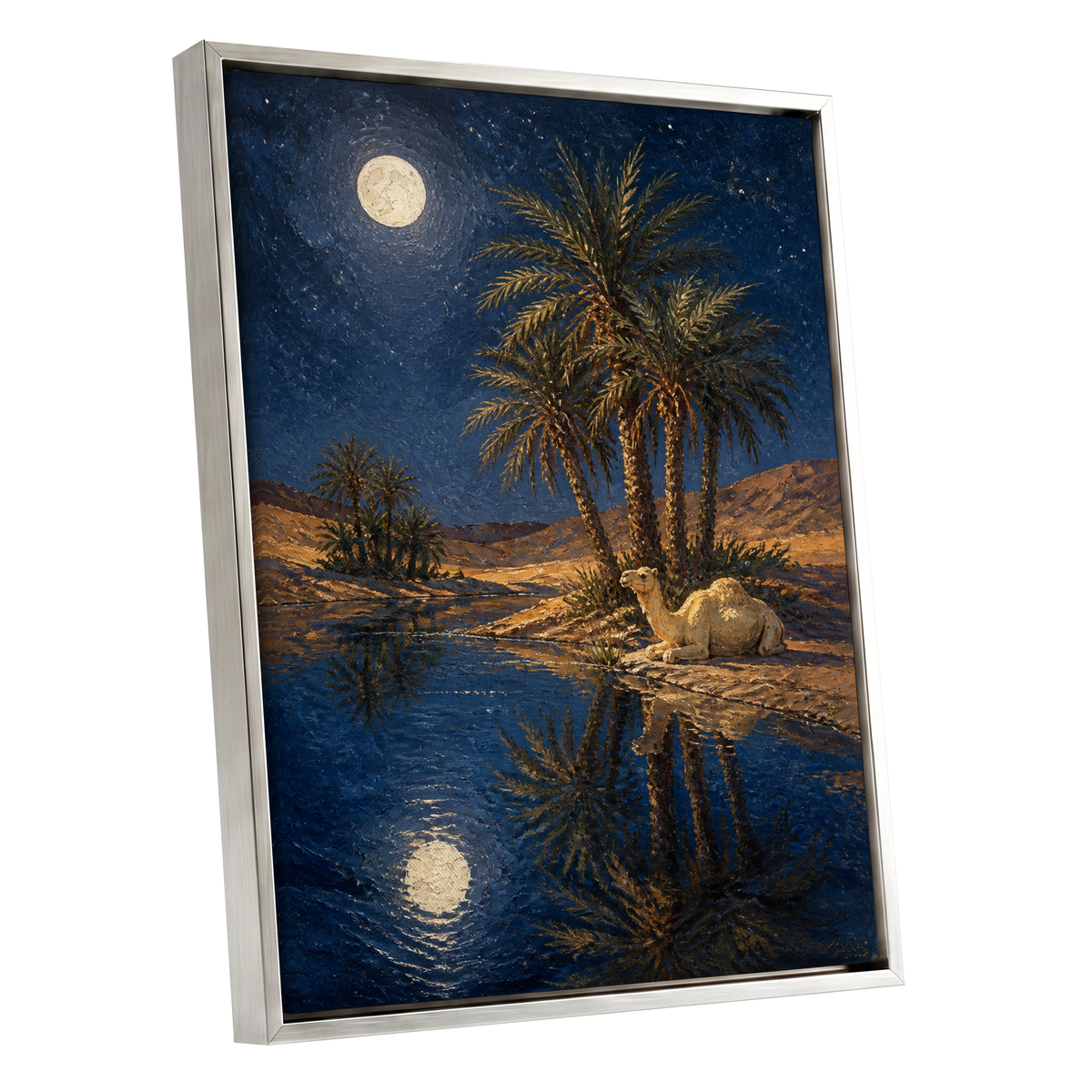 Moonlit Oasis, blue, brown, gold nature wall art shown as a silver framed canvas wall art