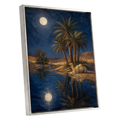 Moonlit Oasis, blue, brown, gold nature wall art shown as a silver framed canvas wall art