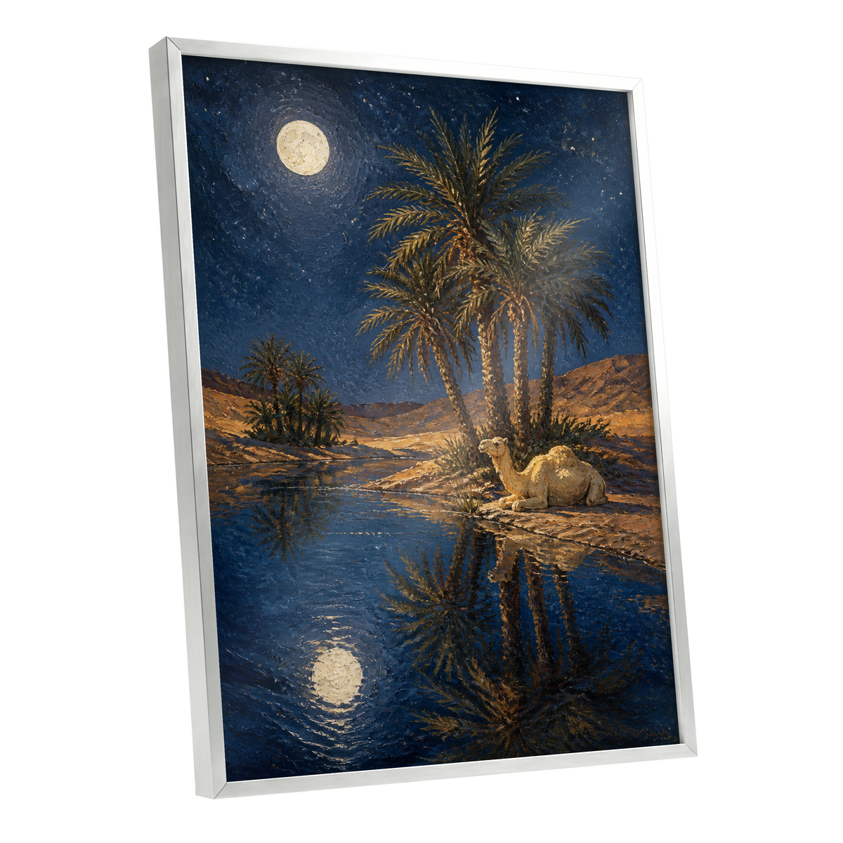 Moonlit Oasis, blue, brown, gold nature wall art shown as a silver framed poster wall art print