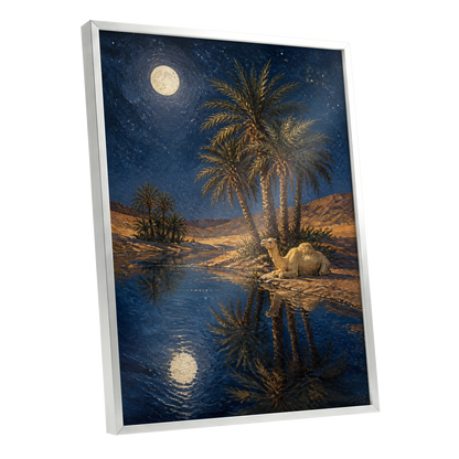 Moonlit Oasis, blue, brown, gold nature wall art shown as a silver framed poster wall art print