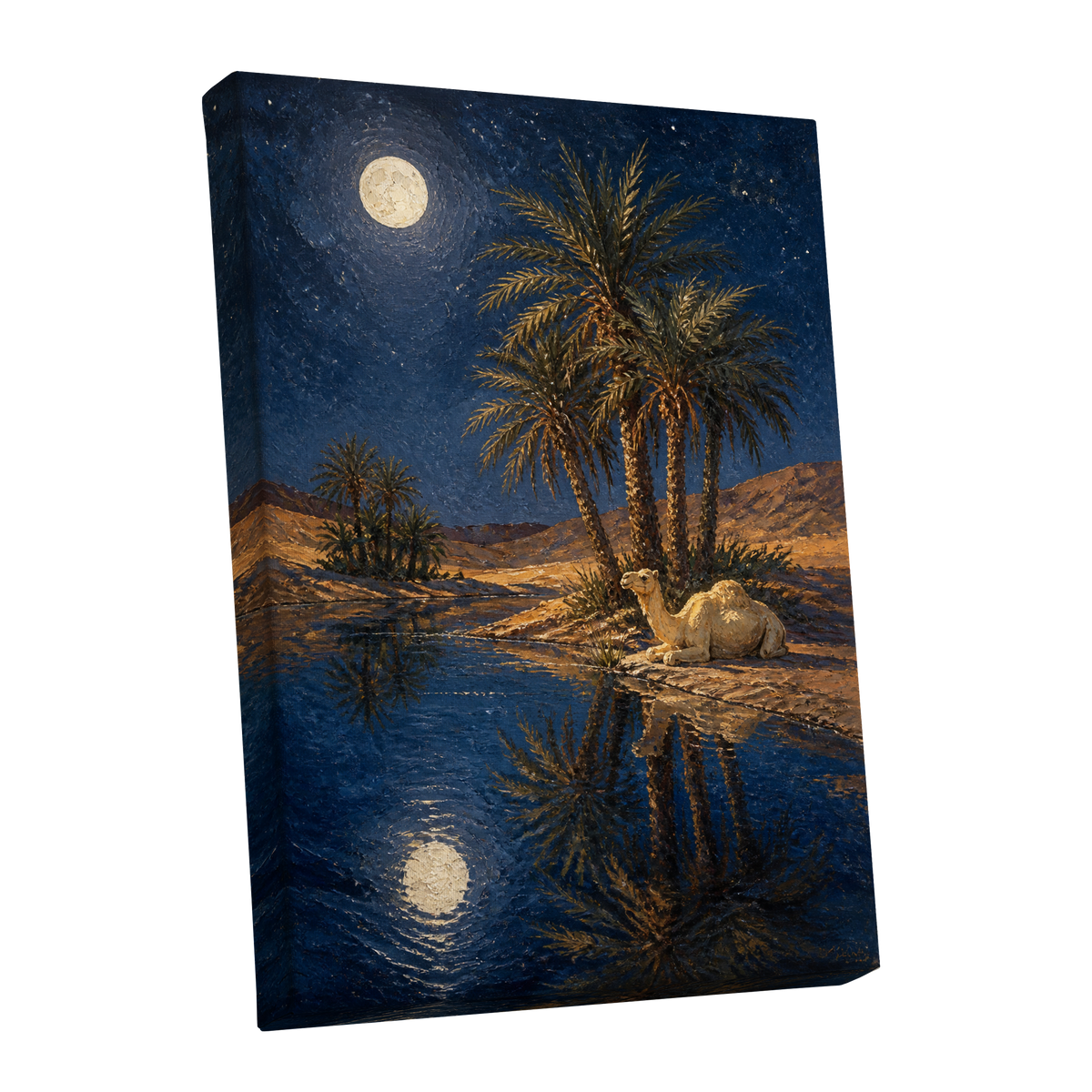 Moonlit Oasis, blue, brown, gold nature wall art shown as a stretched canvas wall art
