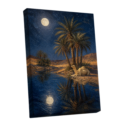 Moonlit Oasis, blue, brown, gold nature wall art shown as a stretched canvas wall art