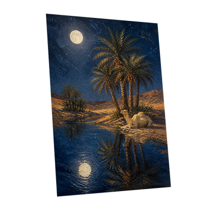 Moonlit Oasis, blue, brown, gold nature wall art shown as a unframed poster wall art print